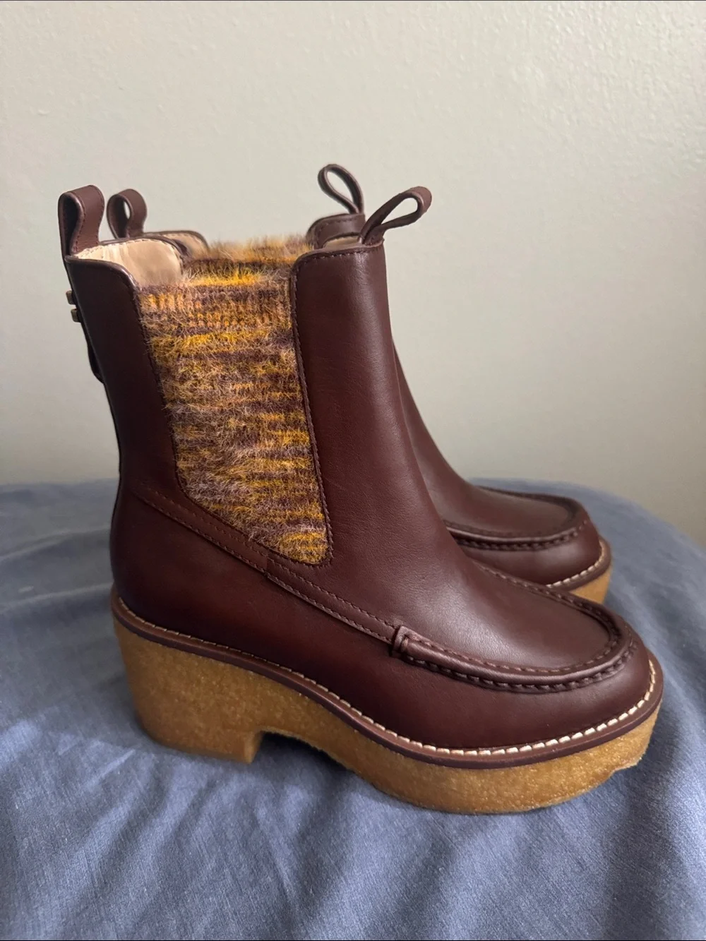 Coach Delaney Chelsea Boots Brown Leather Platform with Knit Panel
